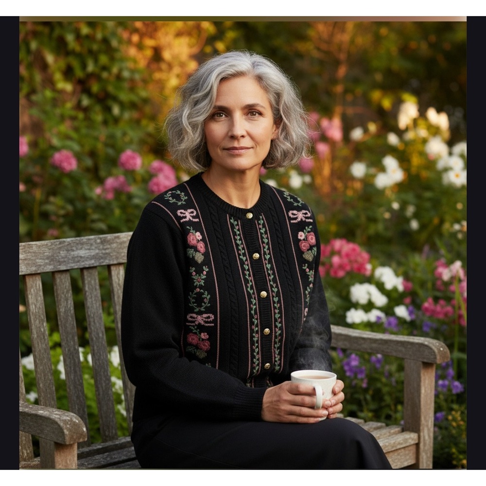 Deans of Scotland Cardigan Sweater Black Wool Embroidered Floral Bow  Size‎ M